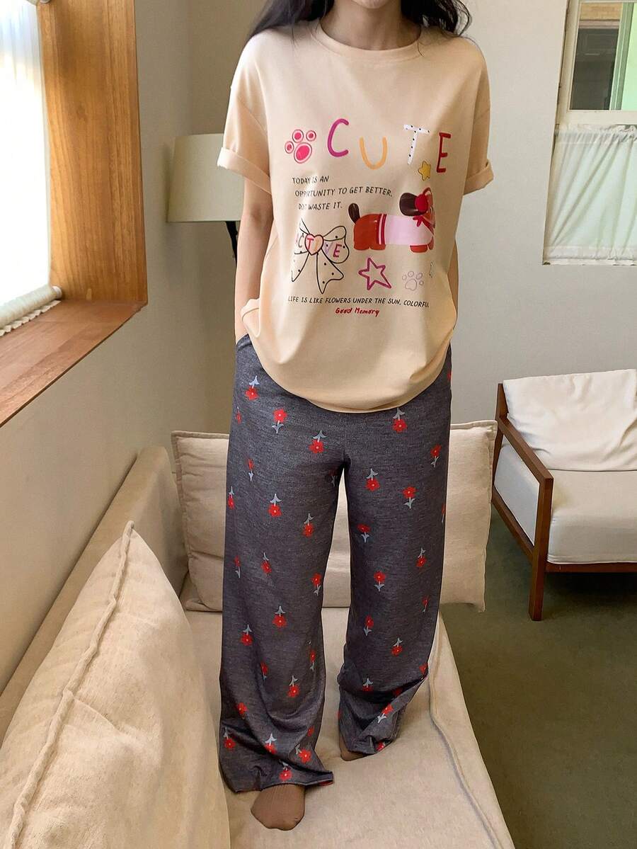 DAZY 夏季蝴蝶小狗字母印花T恤,可爱花卉印花女士睡衣套装 - 米色 - 查看 1