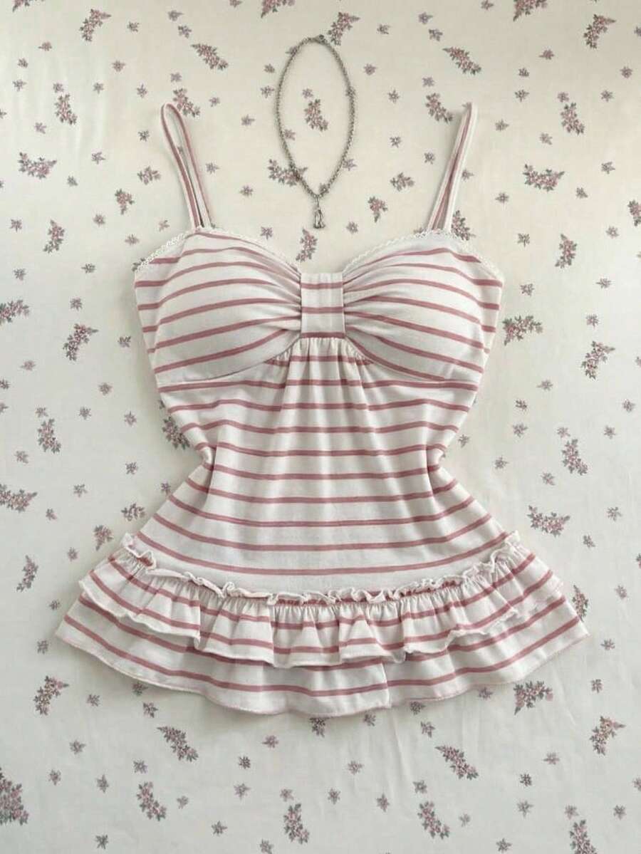 Elamini 女士粉色条纹甜美荷叶边修身吊带背心，夏季 - 粉色 - 查看 1