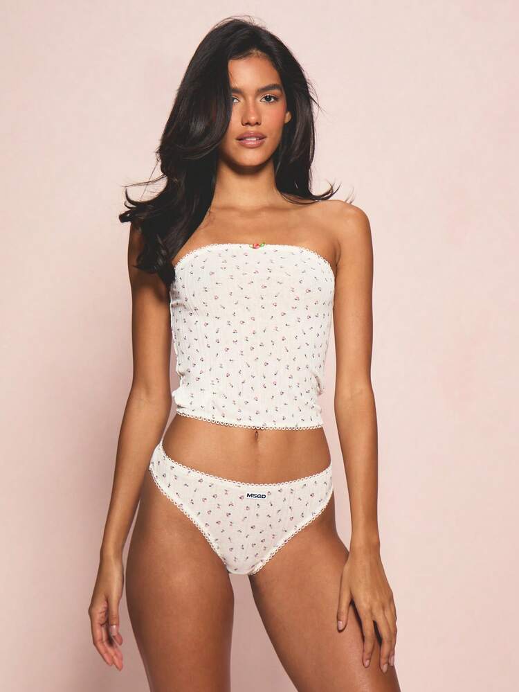 MISSGUIDED Brassière bandeau à fleurs pointillées avec bordure en dentelle festonnée, collection de lingerie intime, modèle sans bretelles