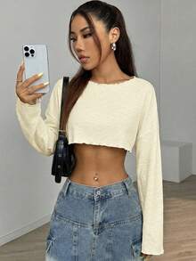 SHEIN EZwear 奶油黄性感竹纤维针织轻薄短袖防晒T恤，适合春夏穿着 - 米色 - 查看 4