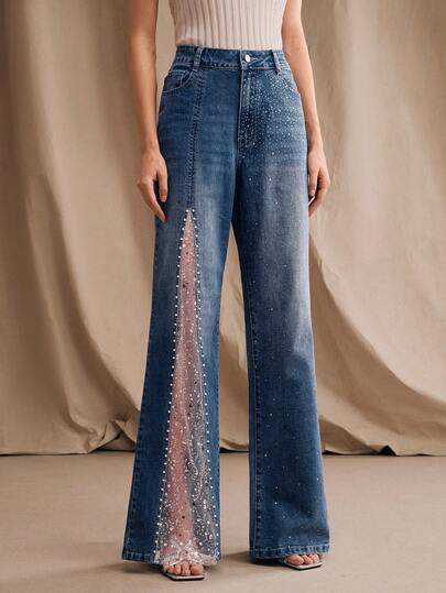 Anewsta Women's Romantic Lace Splice Glitter Diamond Pearl White Jeans, Suitable For Spring/Summer, Valentine's Day Party, Vacation