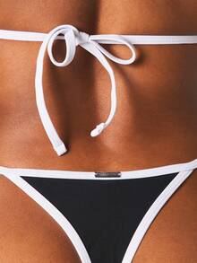 Missguided x Playboy Bunny Logo Triangle Bikini Set With Contrast White Piping Halter Top And String Bottom Two Piece Swimwear - Black and White - View 6