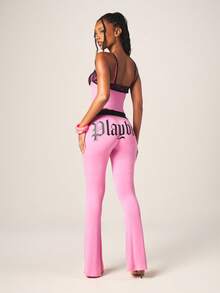 Missguided x Playboy Bộ đồ hai mảnh phối ren có logo gồm áo hai dây và quần legging ống loe, thích hợp cho trang phục thường ngày. - Màu Hồng Tươi - Xem 4