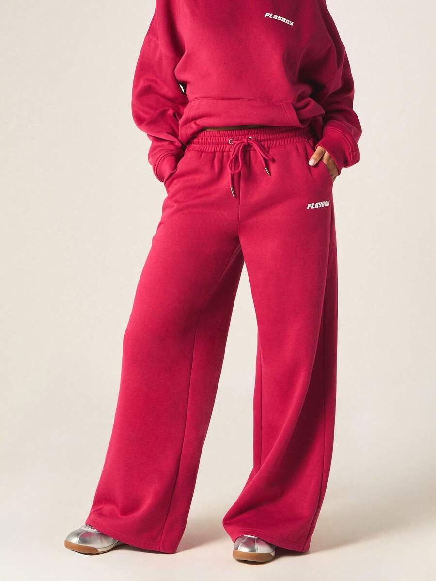 Missguided x Playboy Quần jogger nữ ống rộng có dây rút, in logo, túi bên hông, kiểu dáng thoải mái, thích hợp mặc ở nhà. - Gỗ đỏ - Xem 1