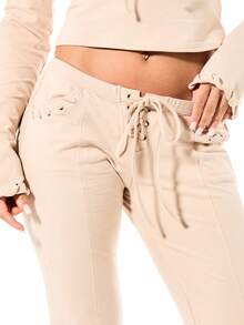 SUMWON WOMEN 系带镂空细节喇叭高腰阔腿裤，前系带休闲波西米亚风抽绳腰带时尚下装 - 卡其色 - 查看 5