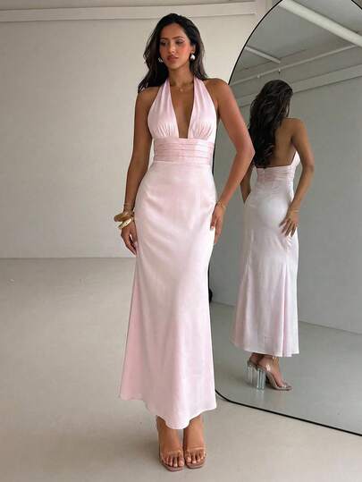 Aloruh Women's Deep V-Neck Ruched Waist Party Dress, Pink, Valentine's Day