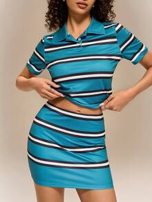 Hanevo New Spring/Summer Casual Elegant Resort Beach Party Polo Collar Short Sleeve Top And Skirt 2-Piece Set For Women - Multicolor - View 3