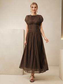 Anewsta Elegant Modern Textured Waist Ruched Dress For Women - Brown - View 4