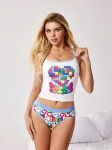 Tetris™ X SHEIN Women's Letter & Geometric Print Camisole Casual Underwear Set - Blue and White - View 4