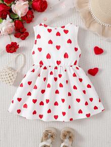 SHEIN Playful Pals Baby Girl Heart Print Round Neck Casual Sleeveless Dress - White - View 2