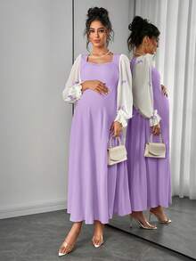 Momance 荷叶边灯笼袖孕妇连衣裙，蝴蝶结装饰方领，后背褶皱蝴蝶结系带，A字型长裙 - 淡紫色 - 查看 6