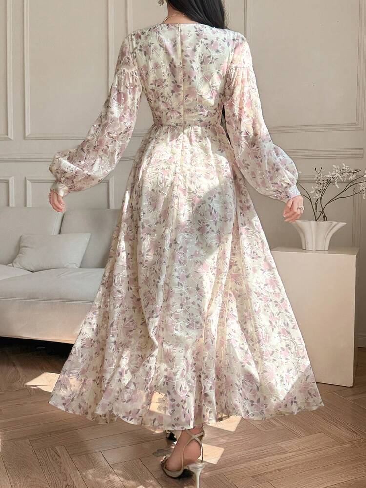 Floral Print & Embroidery Waist Cinched X-Shaped Dress, Deep V-Neck Lantern Sleeve, Elegant Summer Holiday Dress For Women Sundress Boho