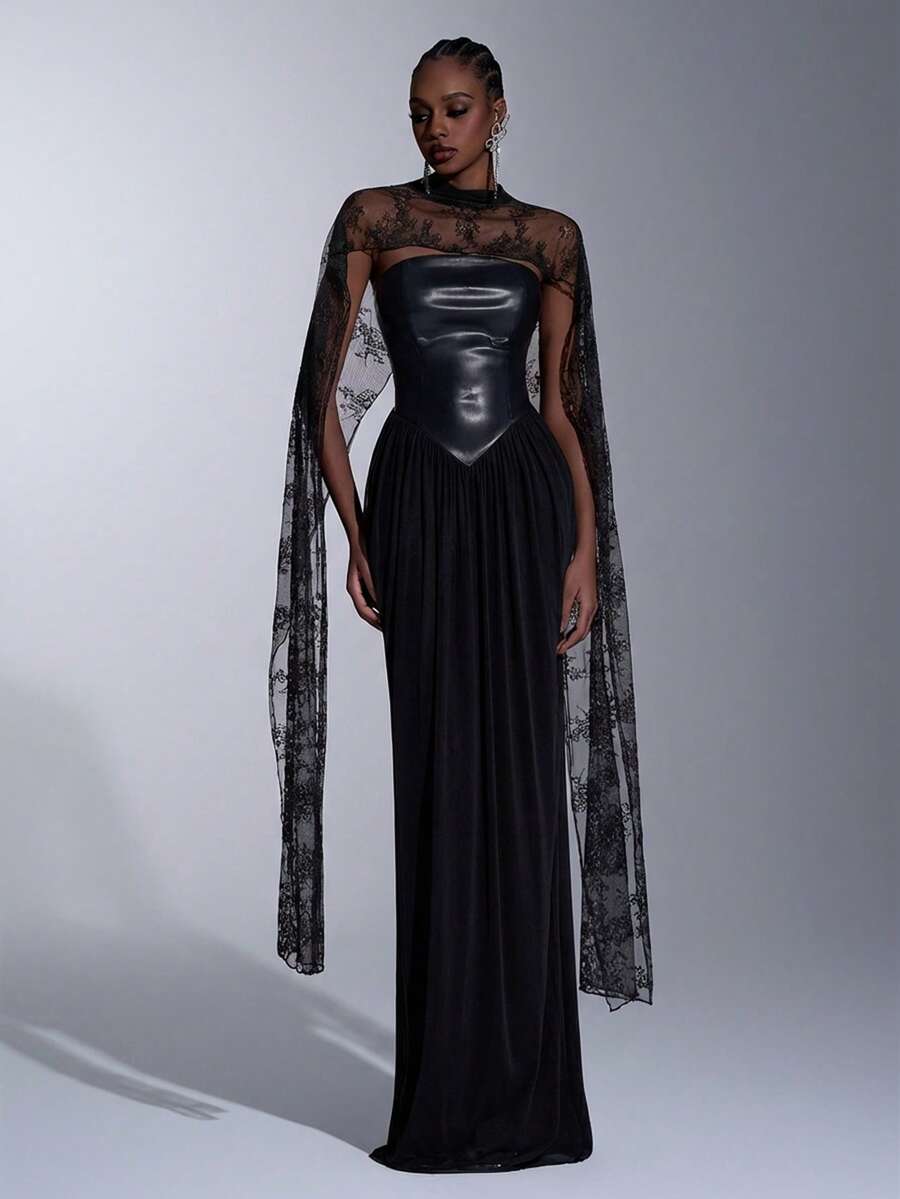 Elitara Robe élégante, luxueuse et polyvalente en patchwork , maille élastique, dentelle et froncée, avec manches amovibles à sequins et ourlet en queue de poisson. Convient pour les mariages, les fêtes, les vacances, les galas et les événements formels - Noir - Voir 1