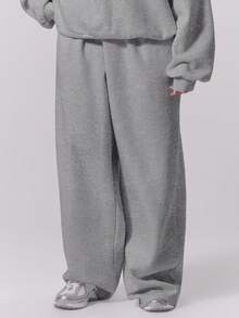 MUSERA Plus Straight Leg Elasticated Waist Joggers , Winter, , Cute, Everyday, Casual, Coffee Club Curve Spring - Light Grey - View 2