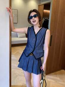 DAZY Bộ đồ thời trang nữ gồm áo vest và chân váy denim không tay, thêu tua rua, nhuộm tie-dye, có tua rua. - Màu xanh lam - Xem 6