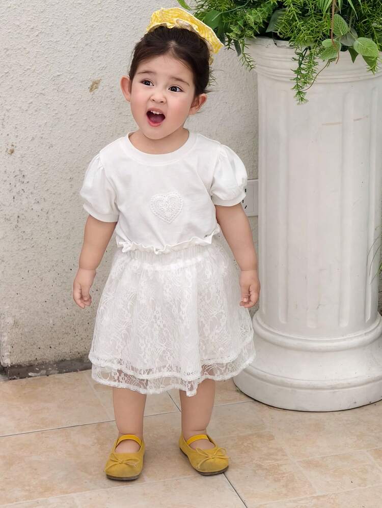 Baby Girl Heart Pattern Round Neck Short Sleeve T-Shirt And Skort Set, Suitable For Party, Daily Wear Summer