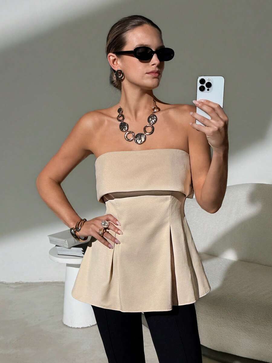 Lavishia 简约无肩带A字型上衣，时尚百搭 - 杏色 - 查看 1