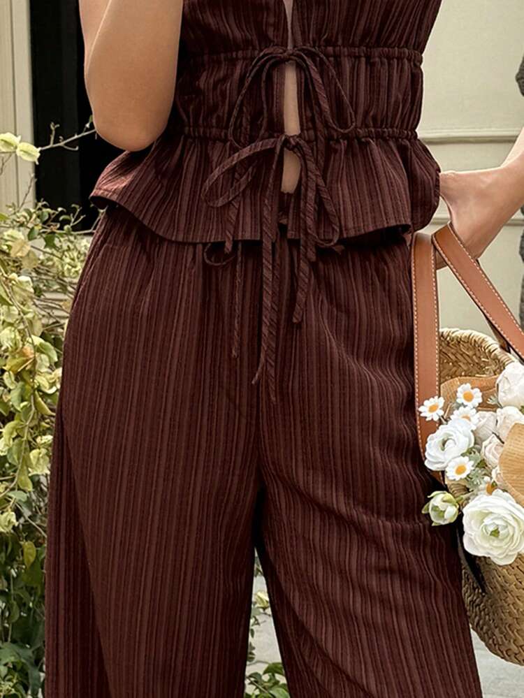 Women's V-Neck Sleeveless Striped Textured Vest And Loose Wide-Leg Pants 2 Pieces Vacation Set Summer