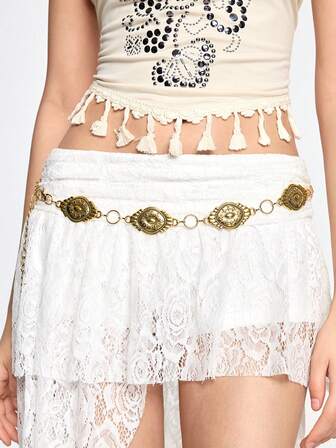 Goth 1 pieza Cadena de cintura de estilo occidental bohemio de una sola capa con decoración de patrón de rayas en relieve de oro antiguo y plata antigua, versátil para uso diario con vestidos y vaqueros