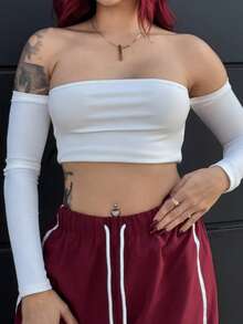 Bearsaez 女士纯色露肩短款露肩上衣 - 白色 - 查看 4