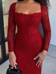 Alexandranx Women's New Autumn/Winter Party Date Night Sexy S-Shaped Lace Long Sleeve Bra Cup Fishbone Square Neck Bodycon Dress, Black,Summer Dresses For Women - Burgundy - View 5