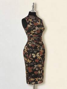 Ellevyn Vestido de longitud media ajustado con cintura fruncida y estampado de hojas de arce y mariposas, elegante para mujeres, atuendo veraniego grácil adecuado para varias ocasiones - Multicolor - Ver 2