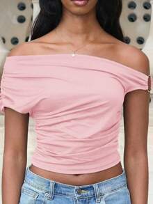 Mima John Women's Solid Color Ruched Asymmetrical Shoulder Summer Casual Blouse - Coral Pink - View 5