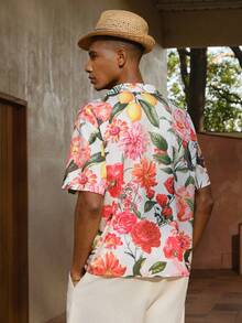AKNOTIC Business Casual 男士白色花卉圖案寬鬆落肩休閒襯衫，夏季波希米亞度假風夏威夷鈕扣式扶桑花熱帶度假穿搭 - 白色 - 查看 8