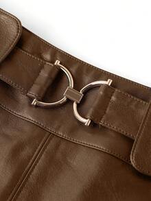 Ellevyn Women's Elegant Decorative Button A-Line PU Leather Mini Skirt - Rust Brown - View 6