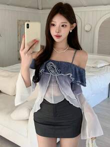 DAZY 女款夏季漸層3D花卉裝飾露肩掛脖上衣 外出穿搭上衣 - 藍色 - 查看 1