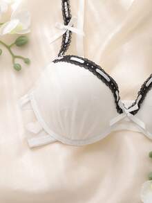 DelicateAllure 女士撞色蕾丝边蝴蝶结装饰文胸 - 彩色 - 查看 5