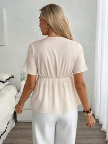 EMERY ROSE Apricot V Neck Peplum Blouse For Women Casual Short Sleeve Ruffle Hem Top With Plants Pattern - Apricot - View 2
