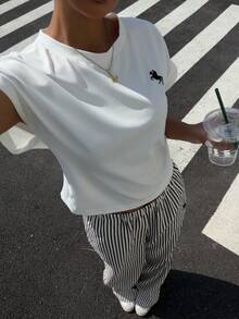 Muchica Grey Knit Women's Homewear T-Shirt & Pants Set Summer Top Preppy Top Preppy Tops Aesthetic Tops - Multicolor - View 4