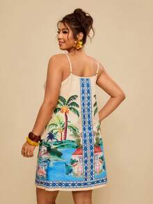 Travachic Plus Size Women's Summer Beige Boho Tropical Print Wrap Tie Camisole Dress,Vacation Holiday Beach Outfits,Spring Yacht Appropriate Tropical Dresses - Multicolor - View 2
