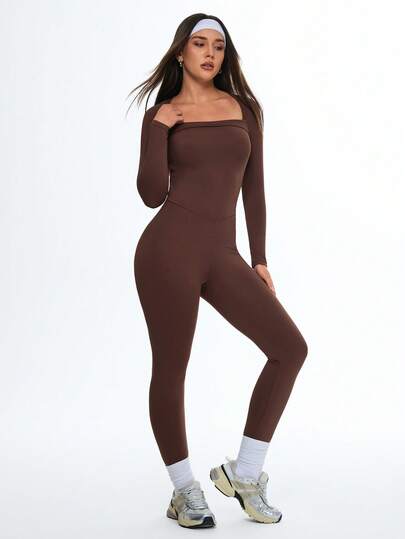 Eassivo Eassivo Mono de un solo color con cuello cuadrado, manga larga y ajustado, conjunto de yoga