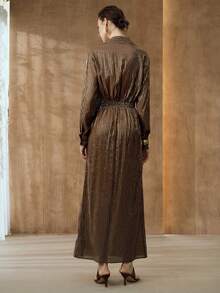 Arave Women's Woven Cotton Blend Metallic Silver Thread Fabric Shirt Collar Small Drop Shoulder Long Sleeve Cinched Waist Full Button Design Casual Long Dress - Coffee Brown - View 3