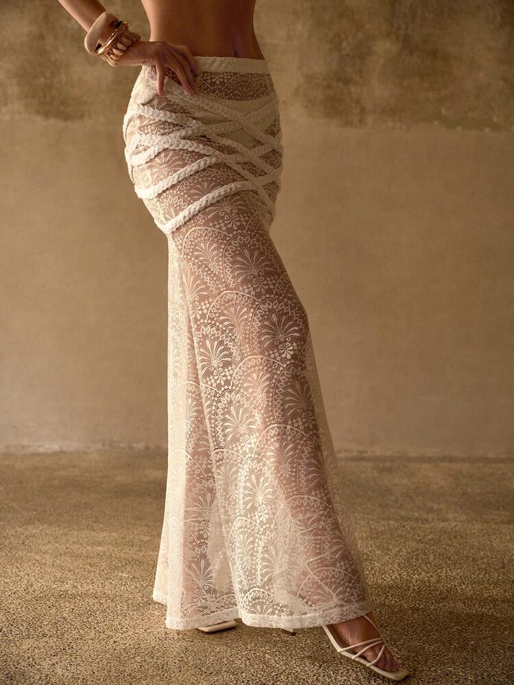 ELEGANT FASHION CHIC HANDMADE CROCHET FLORAL TEXTURED BOHEMIAN SHEER VACATION SWIMSUIT COVER UP & SKIRT