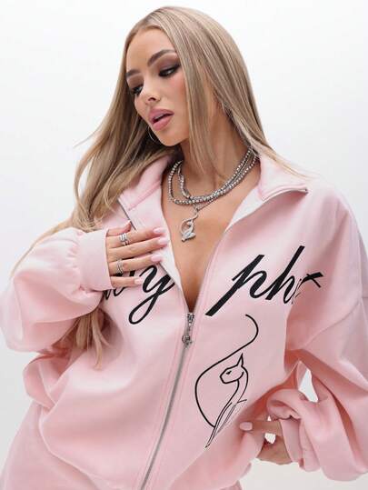 BABYPHAT Plus Size Women Casual Sporty Daily Commute Loose Fit Drop Shoulder Zip-Up Sweatshirt With Cartoon Cat & Letter Print