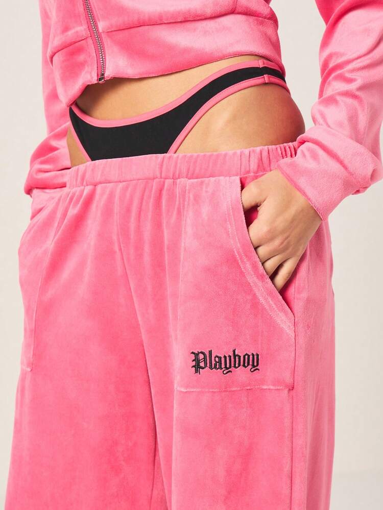 Missguided x Playboy Calça Jogger de Veludo com Perna Larga, Cintura Alta e Bolsos Laterais para Uso Casual e Streetwear