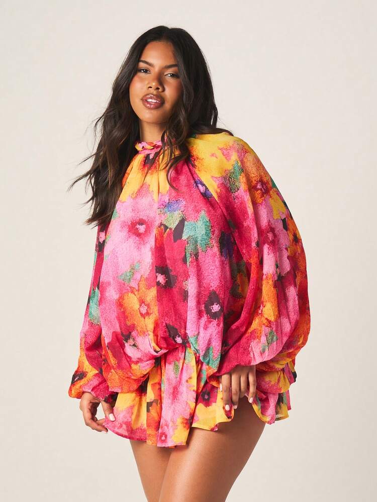 MISSGUIDED Vibrant Floral Print Long Sleeve High Neck Mini Dress With Tie Detail And Ruffle Hem For Spring Summer Party Occasions