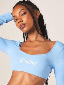 Missguided x Playboy Women's Light Blue Long Sleeve Crop Top And High Rise Shorts Two Piece Athletic Set - Blue - View 6