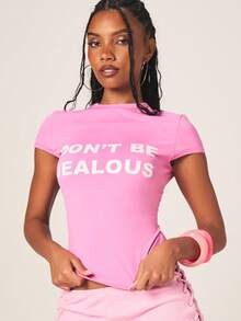 MISSGUIDED Camiseta de cuello redondo de manga corta con eslogan "No seas celosa" para mujer, camiseta informal de verano con estampado gráfico - Lila Púrpura - Ver 5