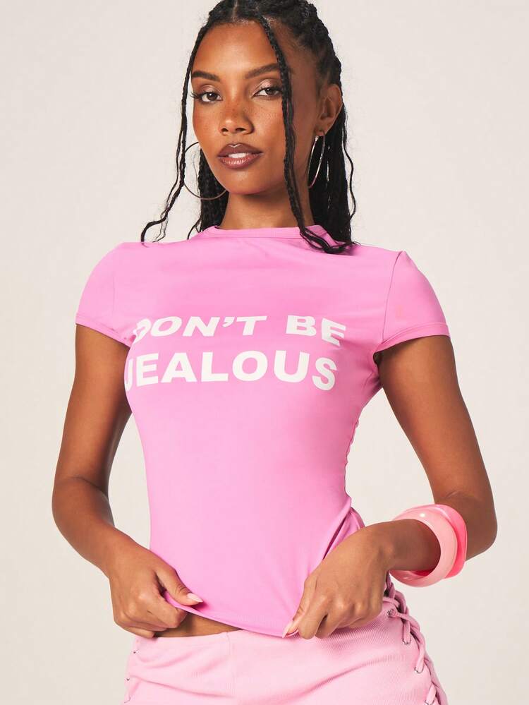 MISSGUIDED Women's Don't Be Jealous Slogan Crew Neck Short Sleeve T-Shirt Statement Tee Casual Summer Top Graphic Print