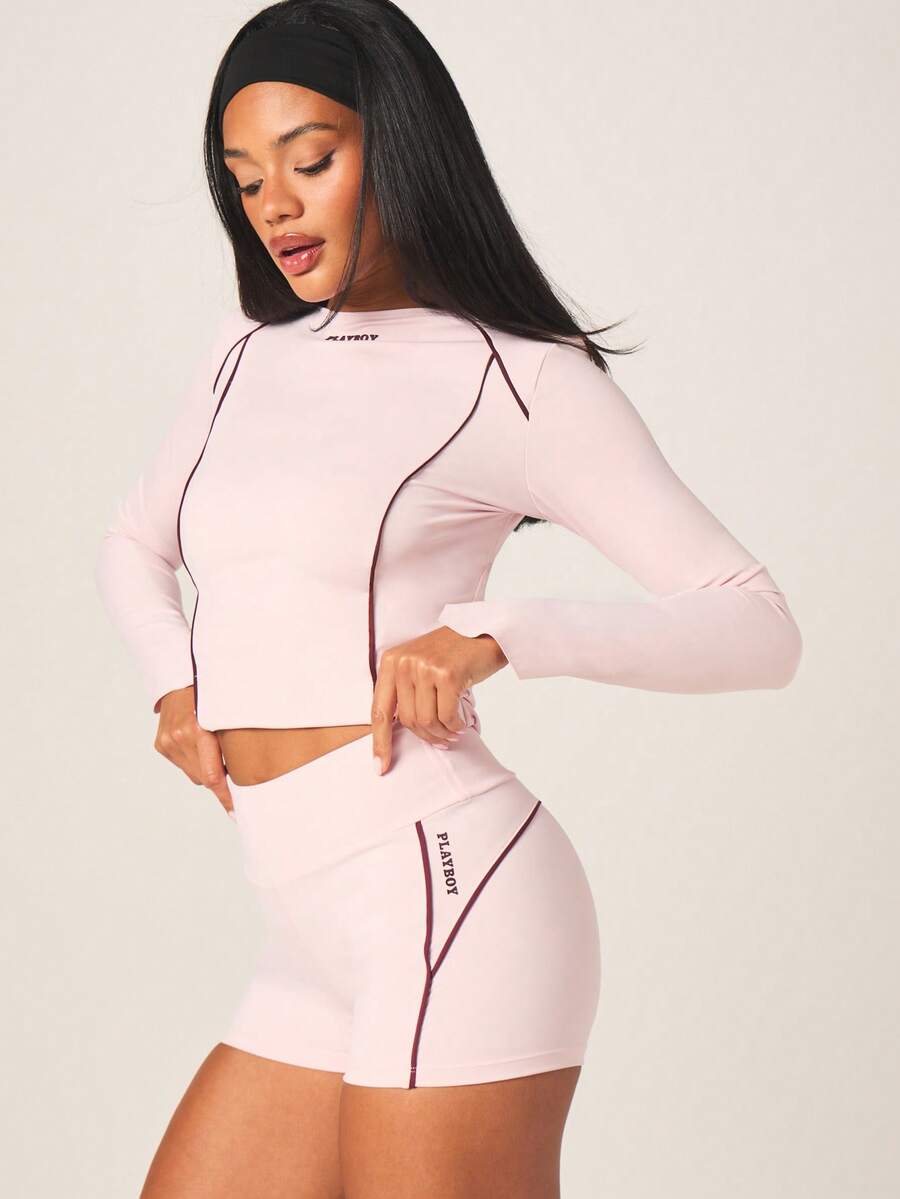 Missguided x Playboy 女士高腰粉色运动短裤，撞色滚边和品牌标识，适合健身房锻炼和运动穿着 - 粉色 - 查看 1