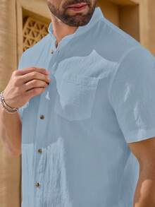 Manfinity VCAY Men's Solid Color Mandarin Collar Short Sleeve Button Front Shirt And Shorts Set, Casual Daily Outfit,Summer Vacation Beach Wear Boyfriend Gift - Blue - View 2