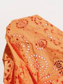 Aveloria Modichic Bright Orange Hollow Embroidered Blouse, Laser Cut Craftsmanship, Vibrant Orange Tone, Bohemian Style, Round Neck Layered Ruffle Trim, Long Sleeve With Elastic Cuffs, 3D Floral Embroidery Elements, Sheer Lightweight Fabric, Fitted Cropped Silhouette, Suitable For Spring/Summer Outdoor Music Festivals, Vacations, Art Exhibitions And Fashion Parties, Highlighting Lively And Unique Personalized, With Visual Impact And Comfort - Orange - View 7