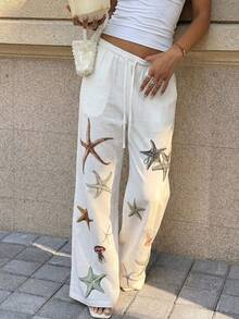 Muchica 白色梭织女式印花阔腿裤 - 白色 - 查看 3