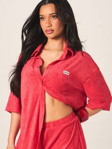 Missguided x Playboy Women's Terry Towelling Button Up Shirt And Shorts Pajama Set Beach Cover Up Loungewear Two Piece Outfit Collared Long Sleeve - Redwood - View 6