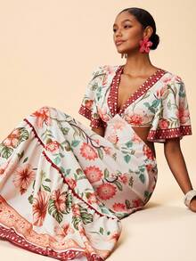 Travachic Váy nữ họa tiết hoa cổ chữ V tay bồng eo khoét gấu nhún bèo, phong cách nghỉ dưỡng lãng mạn, mùa hè - Hồng - Xem 6