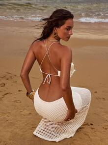 Opulessa Women's Hollow-Out Knit Dress, Suitable For Spring/Summer Vacation - Apricot - View 2